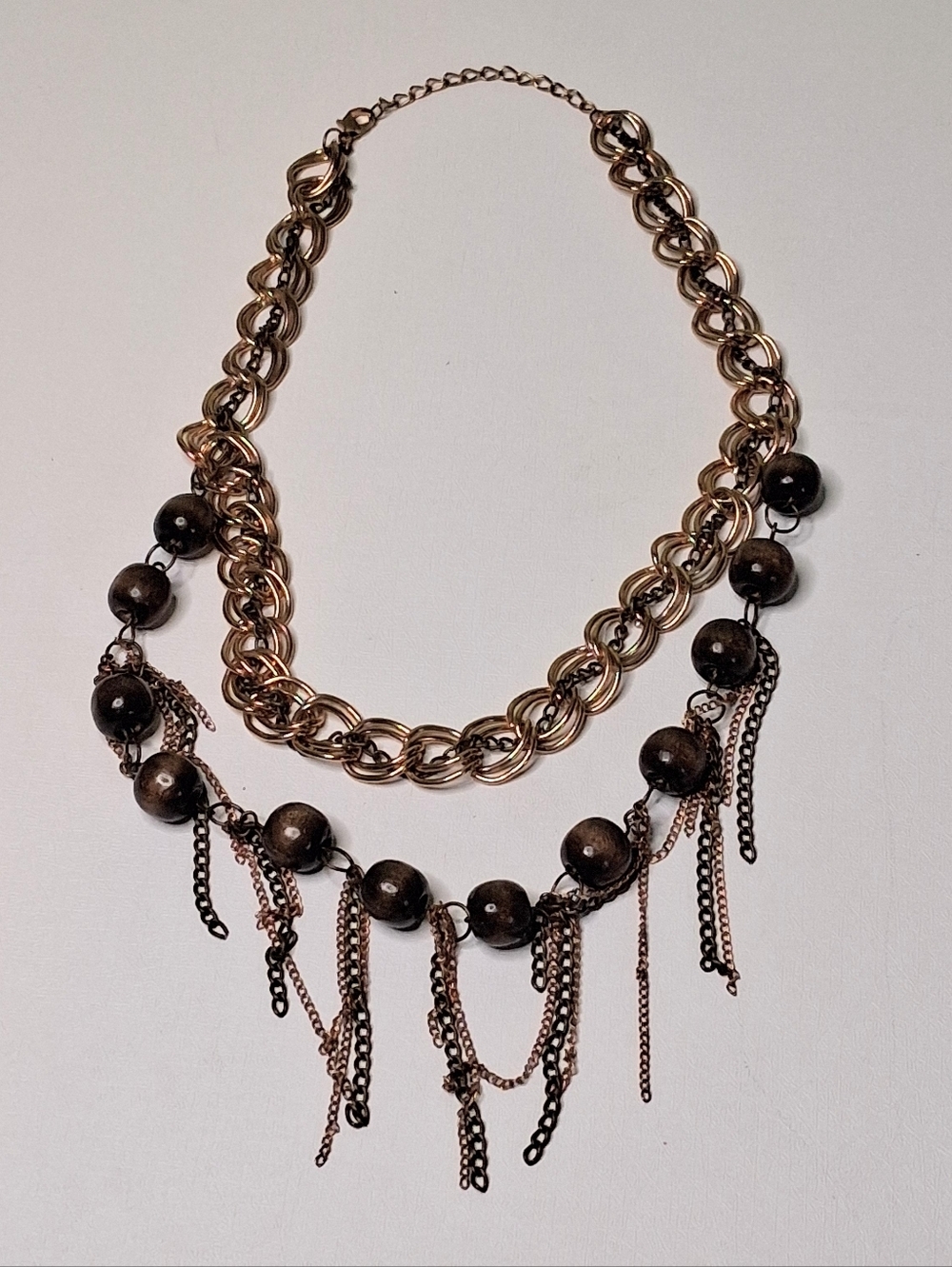 Vintage Statement Bib Necklace Boho Chunky Wood Bead Multi Strand Tassel Bronze